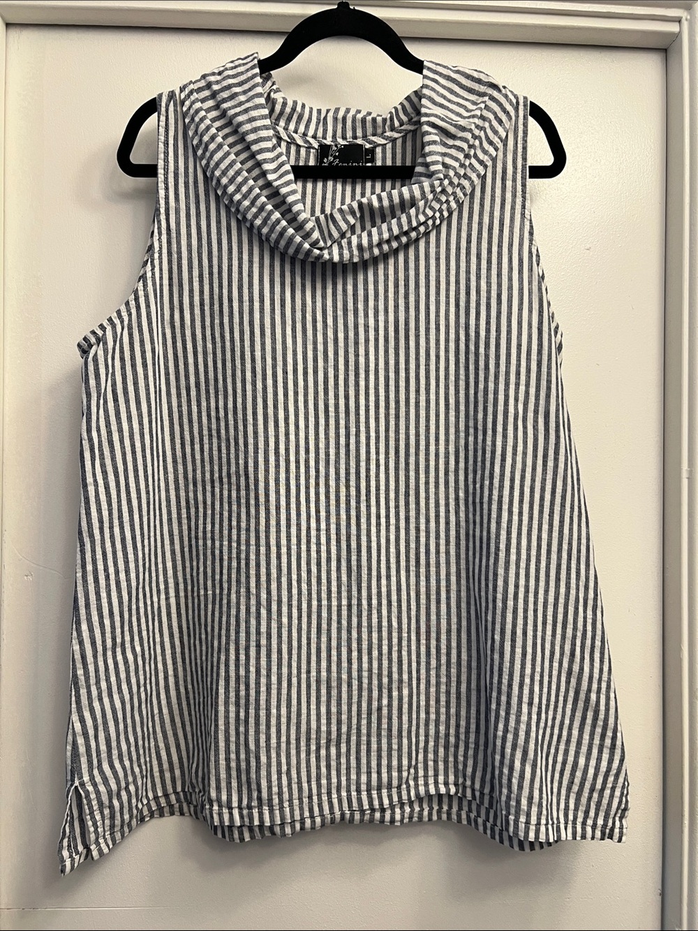 Fenini Sleeveless Blue and White Striped Cowl Neck Top Linen/Cotton Blend Size L
